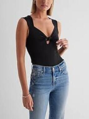 Express Sweetheart Neckline Tie Front Bodysuit Black Neutral Size XS